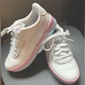Puma sneakers, like new, white with pink/blue rainbow soles. Size 7.